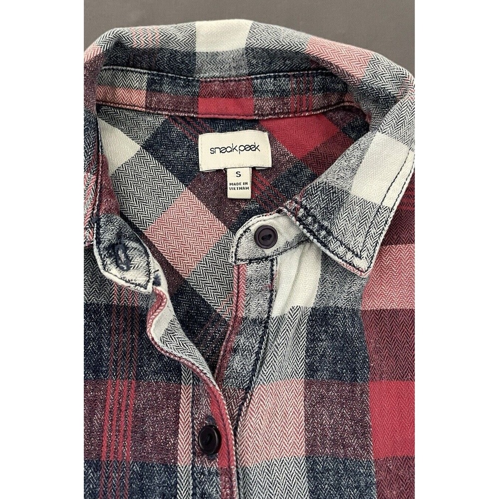SNEAK PEEK Women Small Red Plaid Long Roll Tab Sleeve Button Down Shirt - Picture 6 of 11